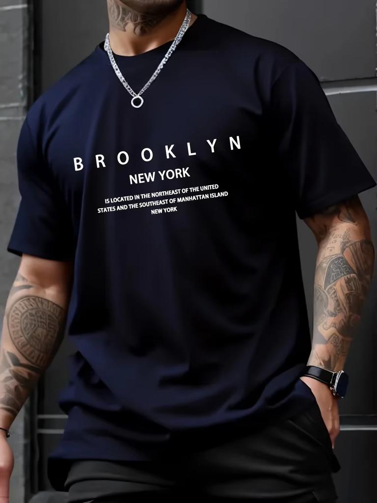 Summer Men's Pure Cotton Casual Loose Plus Size Brooklyn Print Sports Round Neck Short Sleeved Breathable Street T-shirt