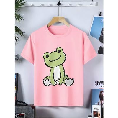 Europäische Größen ' Rosa Niedliches Frosch-Print-T-Shirt - Weiches Kurzarm-Sommertop mit Grünem Frosch & Weißem Bauchdesign, Rundhals Lässige Freizeitkleidung für,