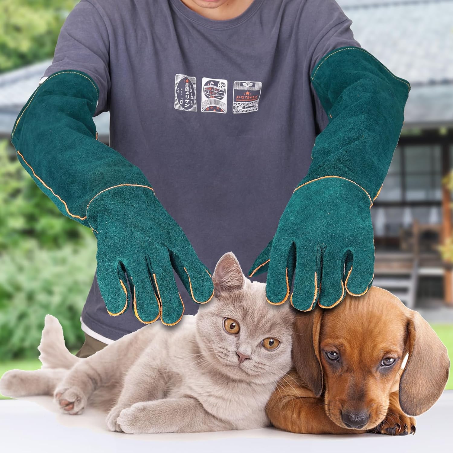 Animal Handling Gloves Bite Proof,23.7 inch Leather Bite Proof Gloves for Grabbing Reptile, Grooming, Trips to Vet. Puncture & Scratch Resistant,