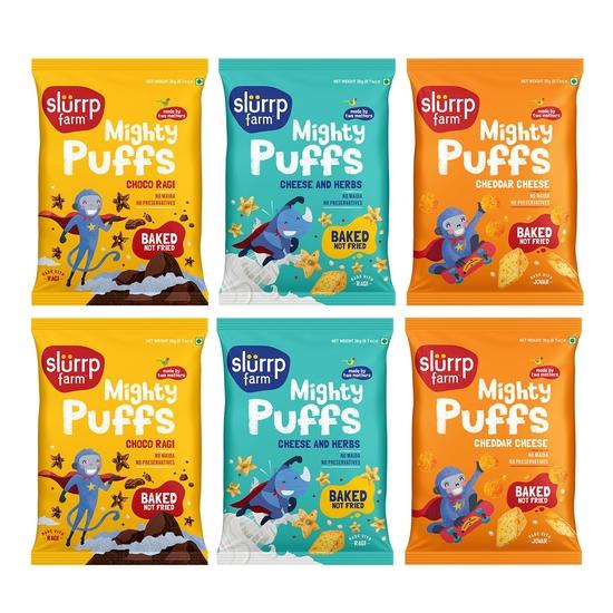 Slurrp Farm Mighty Jowar Puffs | Khatta Meetha, Mild Masala, Cheddar Cheese, Tangy Tomato, Choco Ragi, Cheese & Herbs, 6 x 20g 200GM