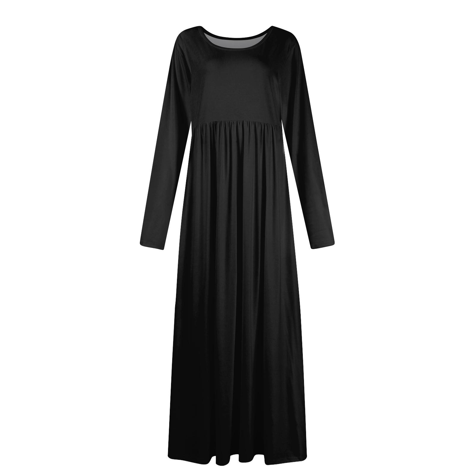 Женское модное повседневное однотонное платье с круглым вырезом и длинными рукавами — фото 4