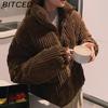 BITCED Winter Women's Stand Collar Short Corduroy Quilted Down Jacket Loose-Fit Lightweight Cotton-Padding Coat