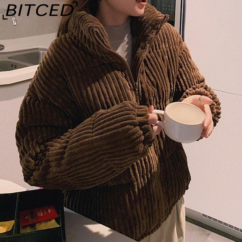 BITCED Winter Women's Stand Collar Short Corduroy Quilted Down Jacket Loose-Fit Lightweight Cotton-Padding Coat