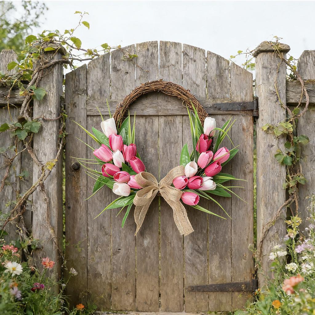 Flower Wreath Front Door Easter Wreath Fadeproof Artificial Spring Wreath for Indoor Outdoor Home Decor Red Pink White
