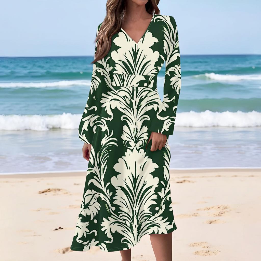 Women's Casual Fashion Floral Print V-neck Long Sleeve Waist Long Dress