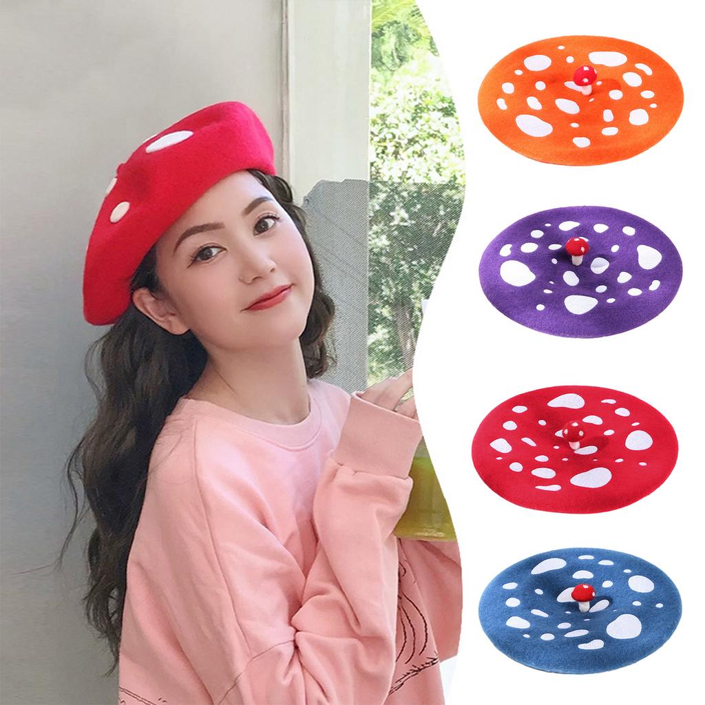 Embroidery Mushroom Beret Hat for Women Breathable Soft Wool Dome Hat Cool Joke Girl Painter Hat Winter Warm Headwear