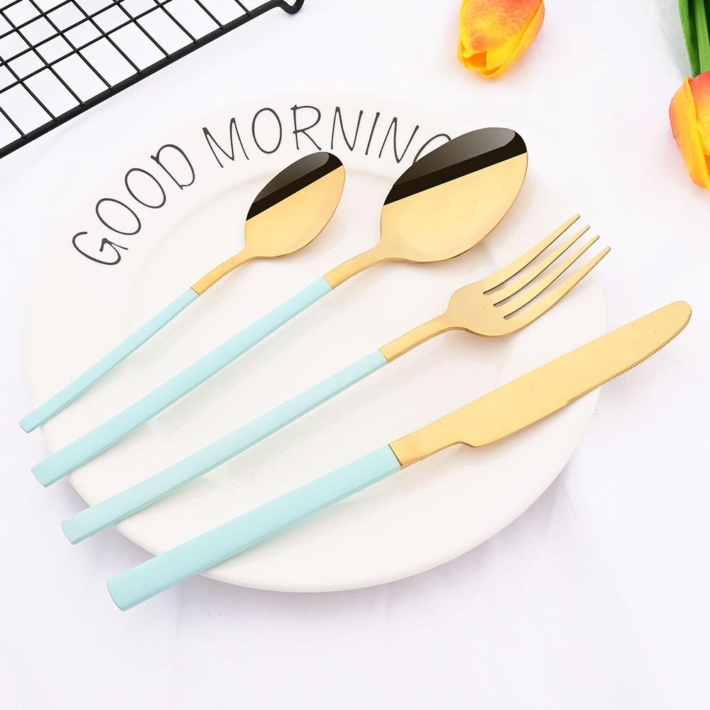 36Pcs/6Sets Mint Gold Cutlery Set Mirror Stainless Steel Flatware Knife Dessert Fork Tea Spoon Dinnerware Kitchen Restaurant Tableware