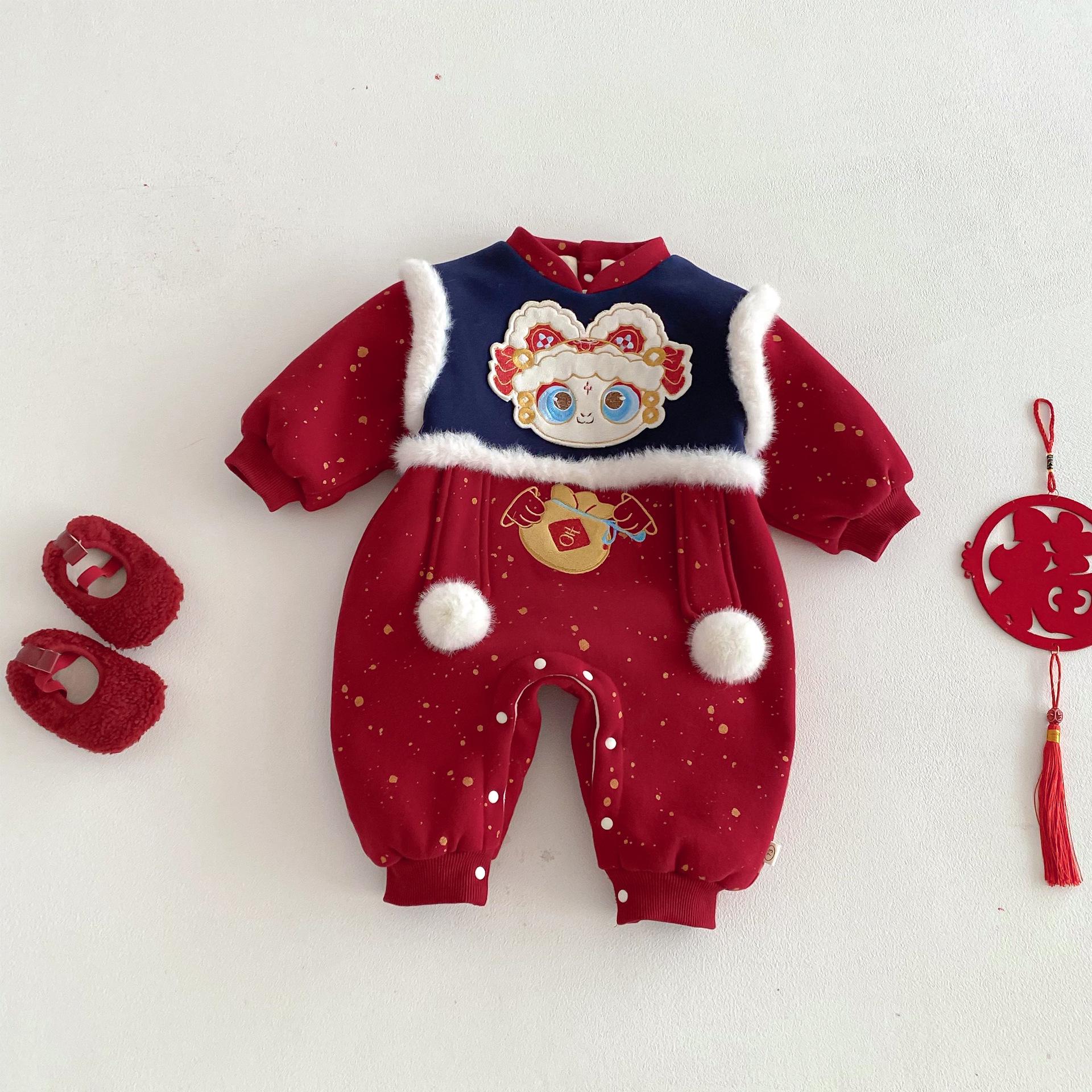 

2025 New Year s Baby Romper: Embroidered Velvet with Pom-poms - Super Cute Winter Newborn Outfit for Chinese New Year. 90 cm індиго