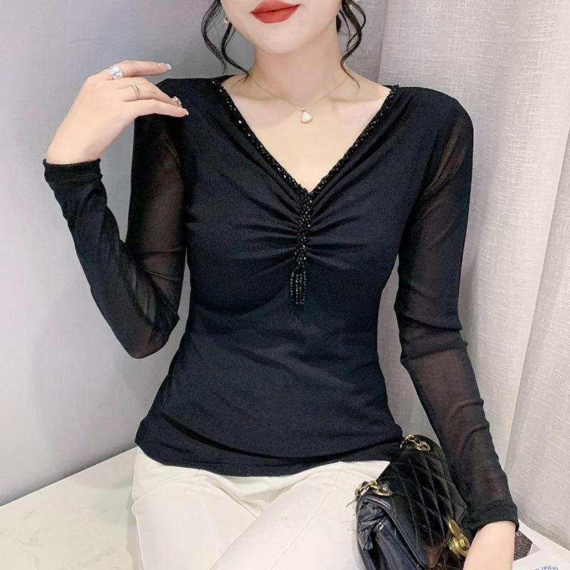 Dámské sexy tričko s dlouhým rukávem a výstřihem do V, korálkový top s plusovým sametem, podzimní a zimní všestranné síťované základní tričko