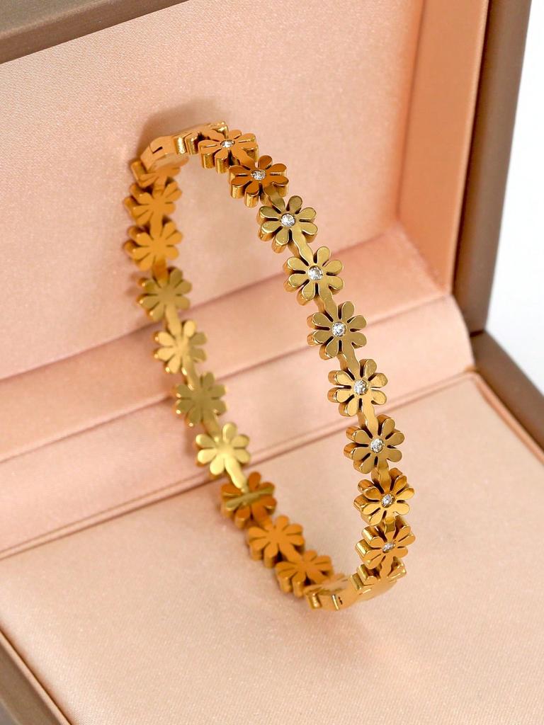 Fashionable Stainless Steel Daisy & Zirconia Bracelet, Suitable For Women's Party, Daily Wear, Classic Floral Design Wrist Jewelry Gift
