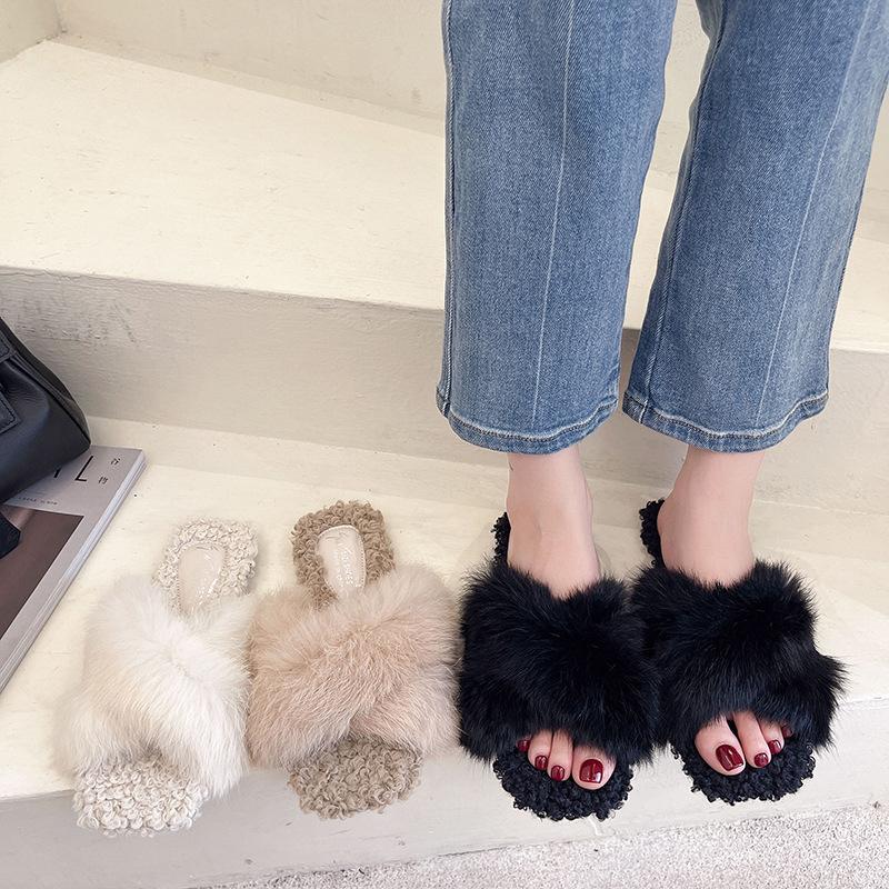 Internet Celebrity Cross Hairy Slippers Female 2023 Autumn and Winter New Outer Wear Ins Fairy Wind Plush Flat Bottom One Word Slippers