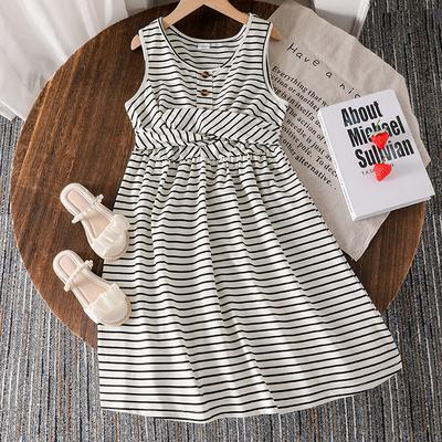 Girls' Fashionable Dress 2025 Summer Children's Casual Striped Sleeveless Dress