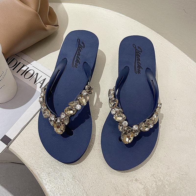 Women s Rhinestone Wedge Flip-Flops: Summer Outdoor Fashion Sandals 37 синий