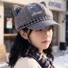 Korean Style Cat Ear Beret Hat Women With Embroidered Letters Wool Blend Octagonal Cap Adjustable Foldable Beanie
