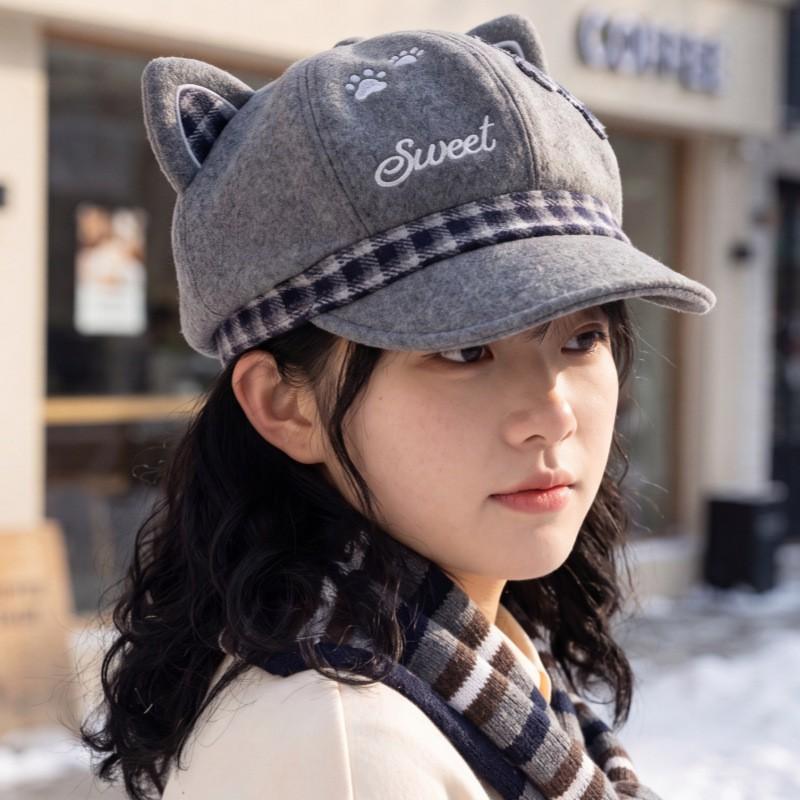 Korean Style Cat Ear Beret Hat Women With Embroidered Letters Wool Blend Octagonal Cap Adjustable Foldable Beanie