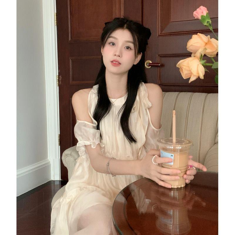 Pure Desire Wind Open Shoulder Straps Crew Neck Dress Women's New Summer Gentle Temperament Sweet First Love Skirt