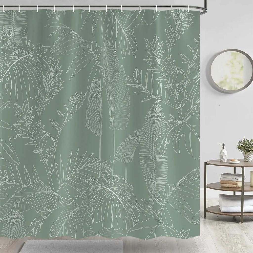 Green Shower Curtain, Bathroom Shower Curtain With Elegant Tropical Leaves And Flowers, Minimalist Plant Fabric Shower Curtain,