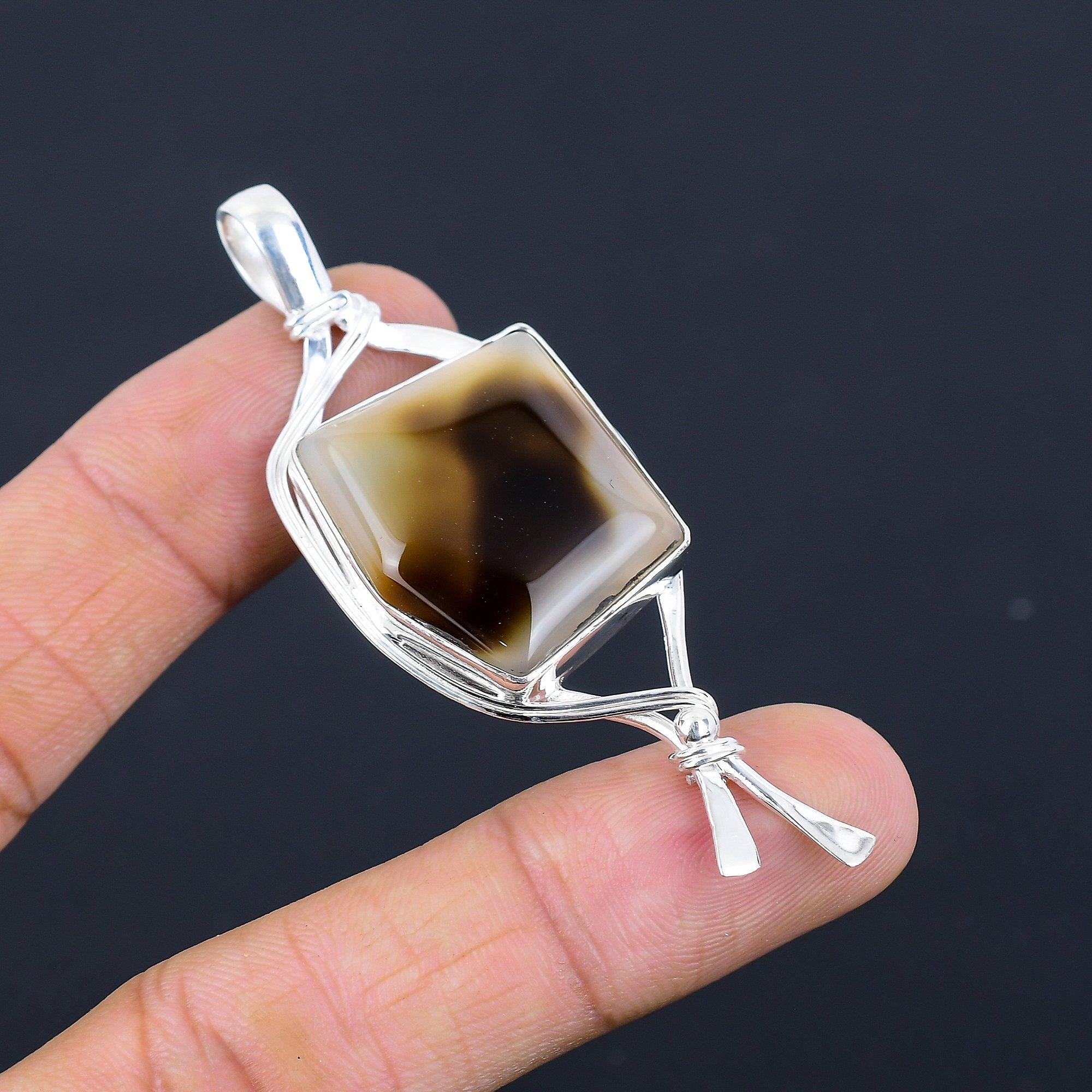 925 Silver Montana Agate Stone Bezel Anniversary Boho Mother Engagement Pendant