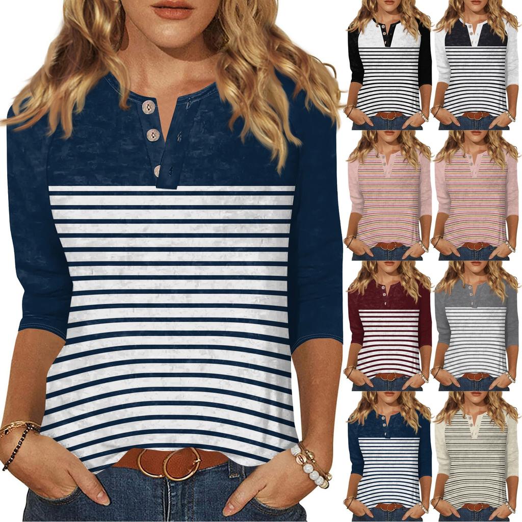 T-shirt imprimé boutonné à manches 3/4 pour femme - Haut basique à col en V - Mode quotidienne - Week-end