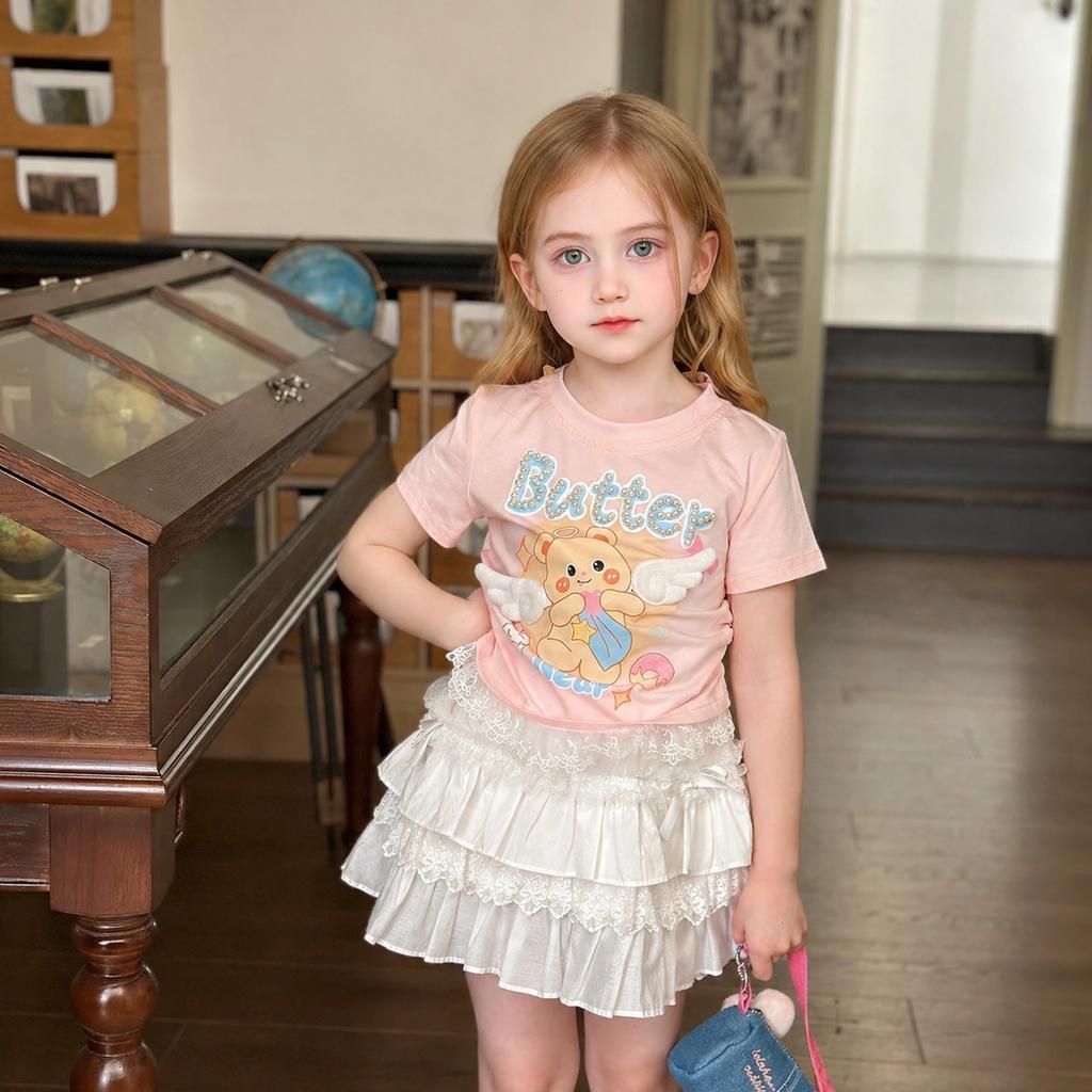 Girls Summer Cotton Cartoon T Shirt Sweet Lace Short Sleeve Top Baby Cute Thin Blouse