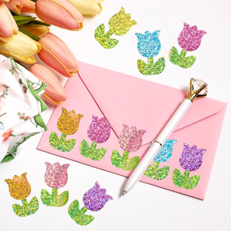 500 Sheets/Roll Colorful Small Tulip Flower Laser Stickers, Holiday Decoration Material, Self-Adhesive Sealing Labels