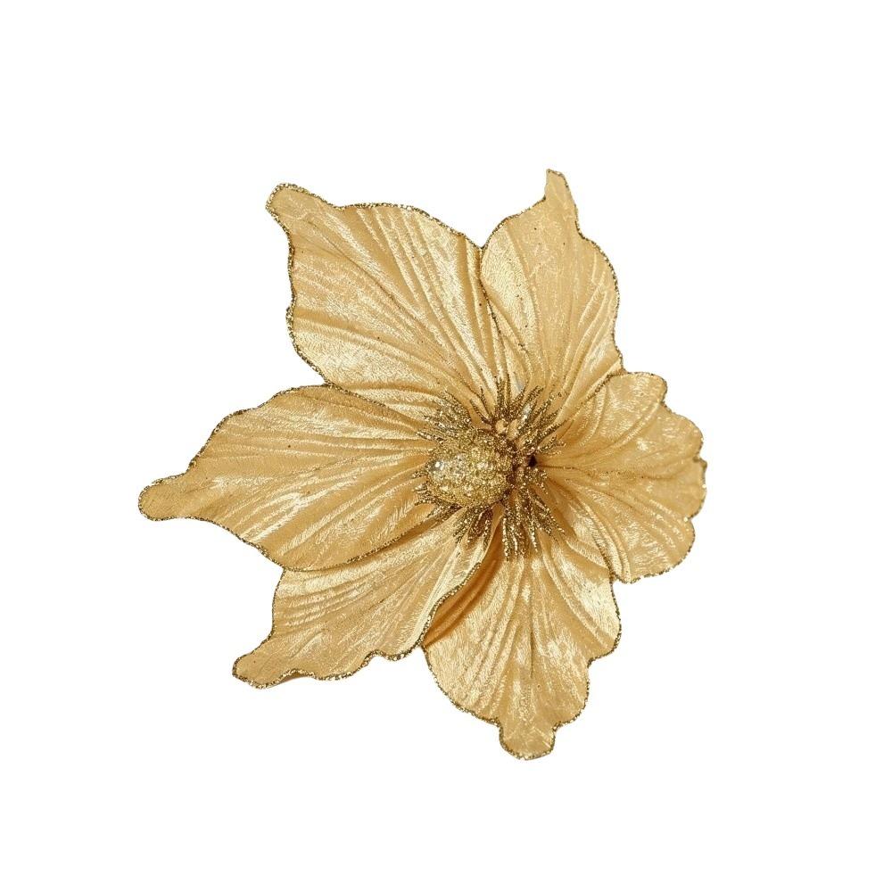 Fabric Artificial Magnolia Flower Sparkling Petal Glitter Edge Christmas Magnolia Pick with Stem Fake Glitter Flower
