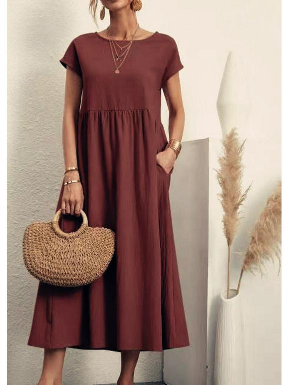 European and American Short-Sleeve Round Neck Cotton-Linen Long Dress with Pockets
