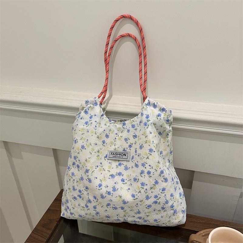 Korean ins floral canvas bag women's shoulder large capacity canvas bag thin plaid cradle bag portable canvas bag
