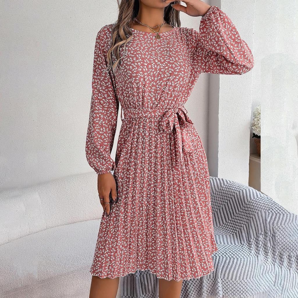 Spring Summer Women Long Sleeve O-Neck Floral Pleated High Waist A Line Long Dress