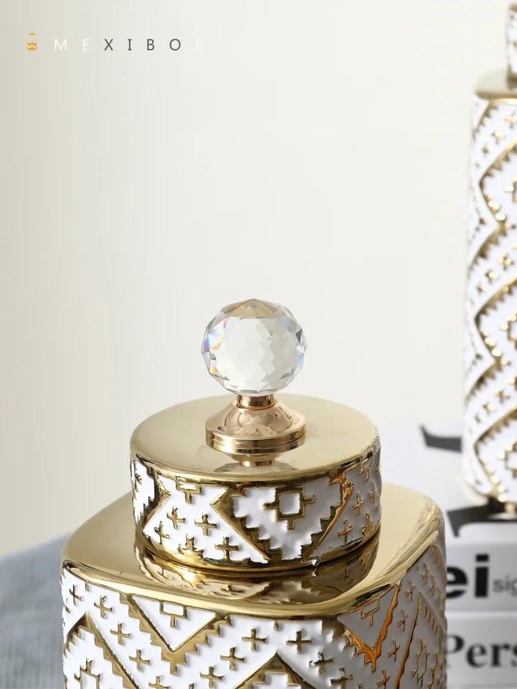 Keramik Kristall Dekorative Dose Schachmatt kann Geometrische Goldene Reliefdosen Vorratsbehälter Vase Aufbewahrungsbehälter Heimdekoration