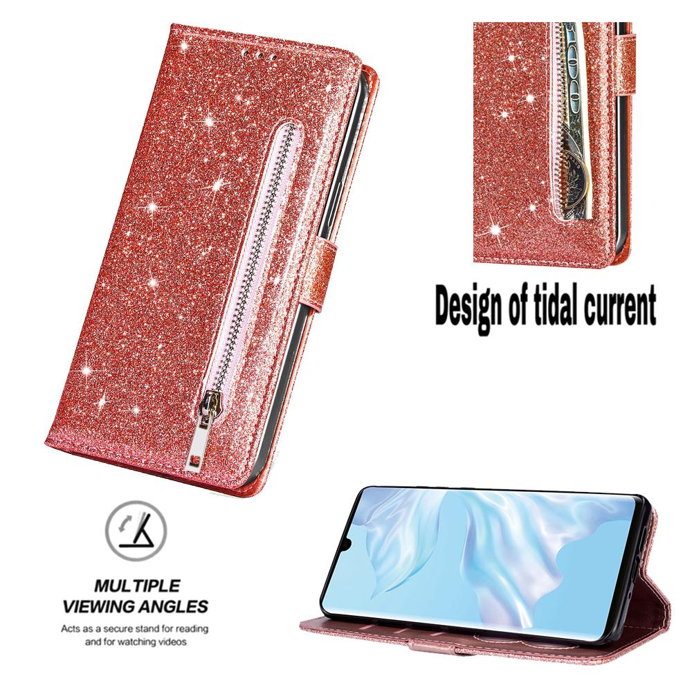 Zipper Flip Wallet Glitter Leather Case for iPhone 16 15 14 13 12 11 Pro Max XS XR 8 7 Plus SE 16E Mini Bling Stand Phone Cover