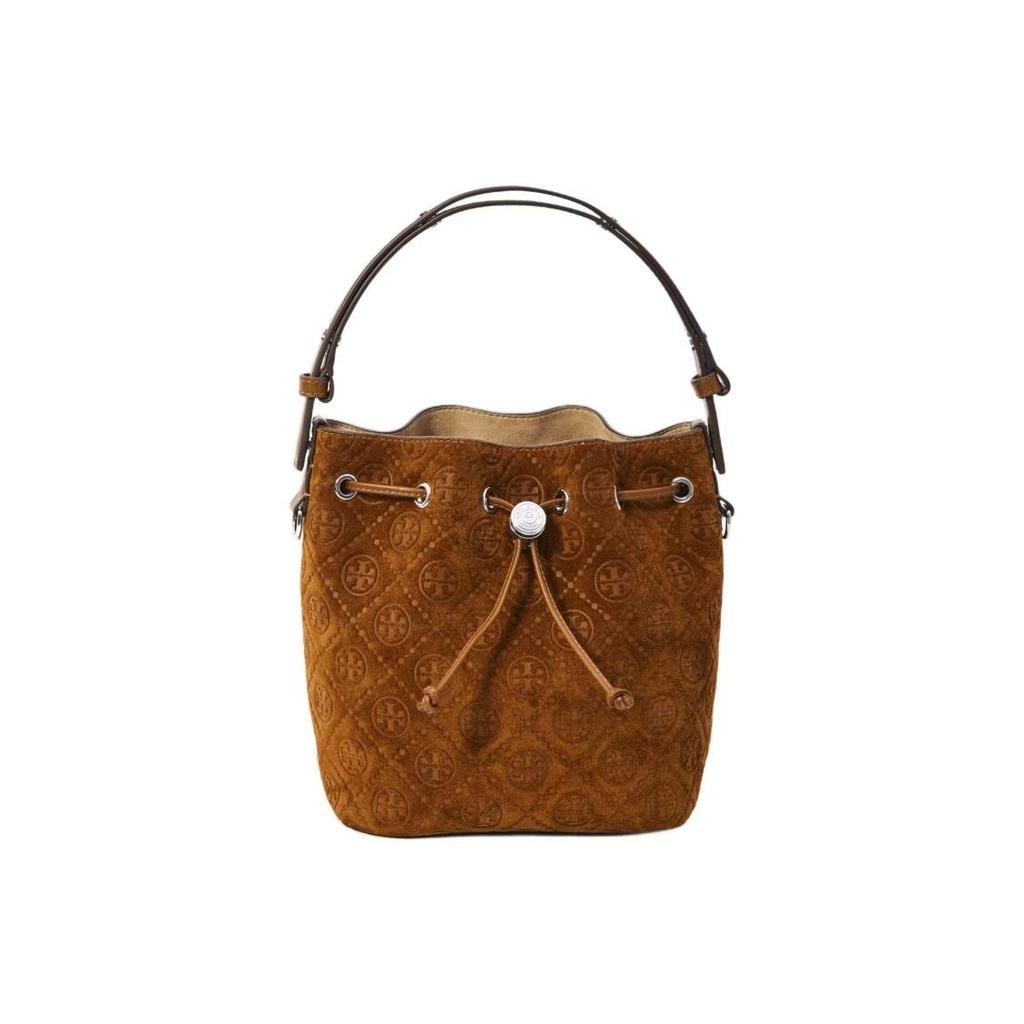 Tory Burch T Monogram Leather Top Handle Bucket Bag With Detachable Adjustable Shoulder Strap Drawstring Closure Logo Details 178210-200