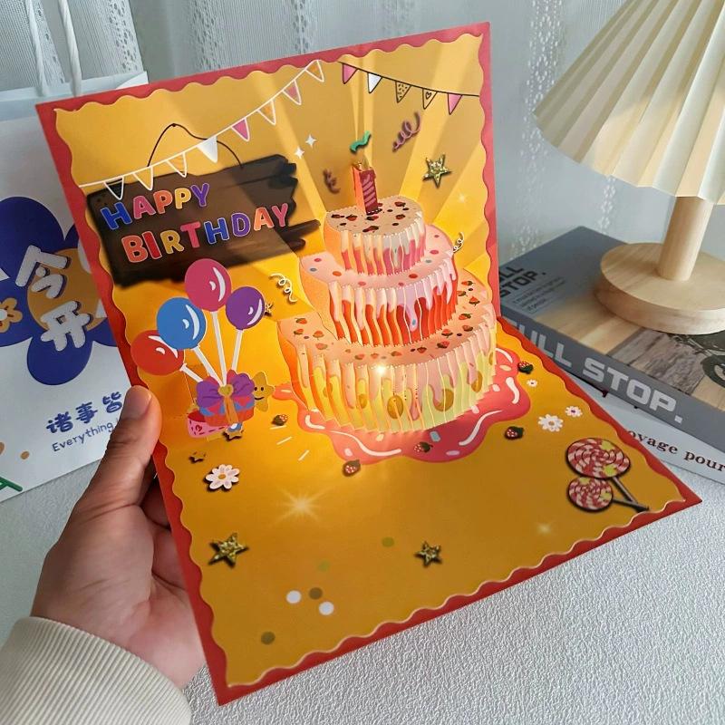 3D Musical Birthday Cake Card Pop Up Colourful Light with Envelope for Kids Baby Shower Wife Birthday Party Greet Cards DropShip
