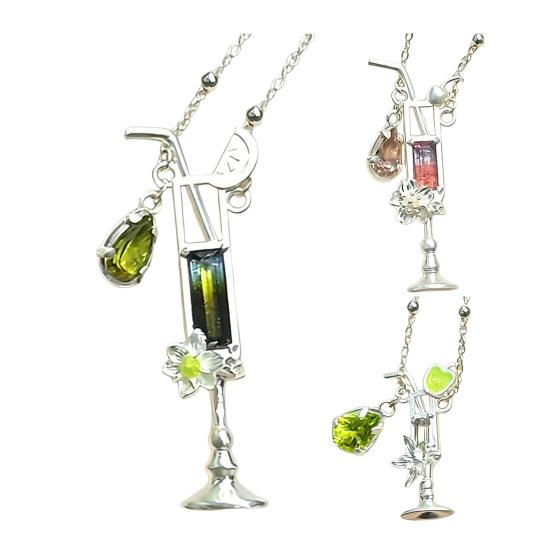 Women Necklace Cocktail Glass Shape Charm Necklace with Olivine Inlay Adjustable Length Weddings Parties