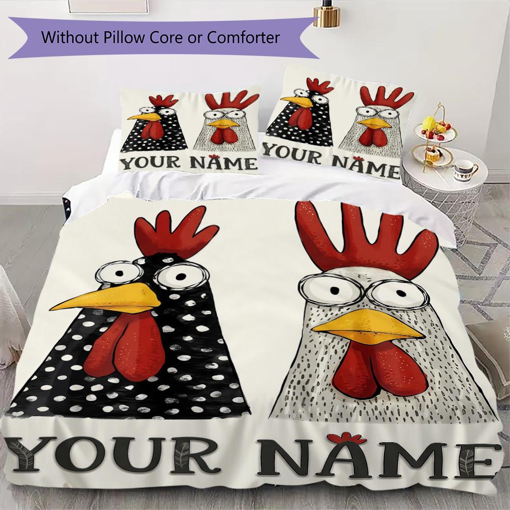Custom Name Chickens Polka Dots Bedding,Quilt Set Quilt Cover Pillowcase Home Birthday Gift(1 * Duvet Cover + 2 * Pillowcase, Without Core)_lx