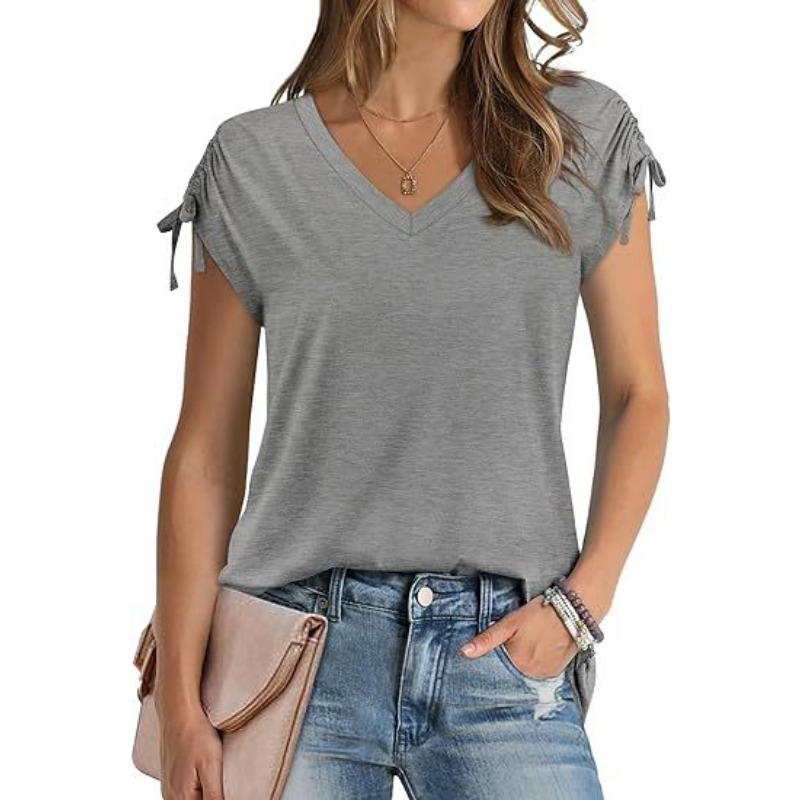 

Women s Short Sleeved Top Drawstring Summer Fashion V-neck T-shirt S сірий колір