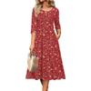3/4 Sleeve Women's Dress Casual Flowy A-Line Midi Tshirt Dresses With Pockets Crewneck Vocation Boho Beach Sundress