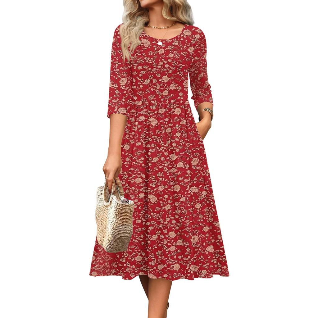 3/4 Sleeve Women's Dress Casual Flowy A-Line Midi Tshirt Dresses With Pockets Crewneck Vocation Boho Beach Sundress