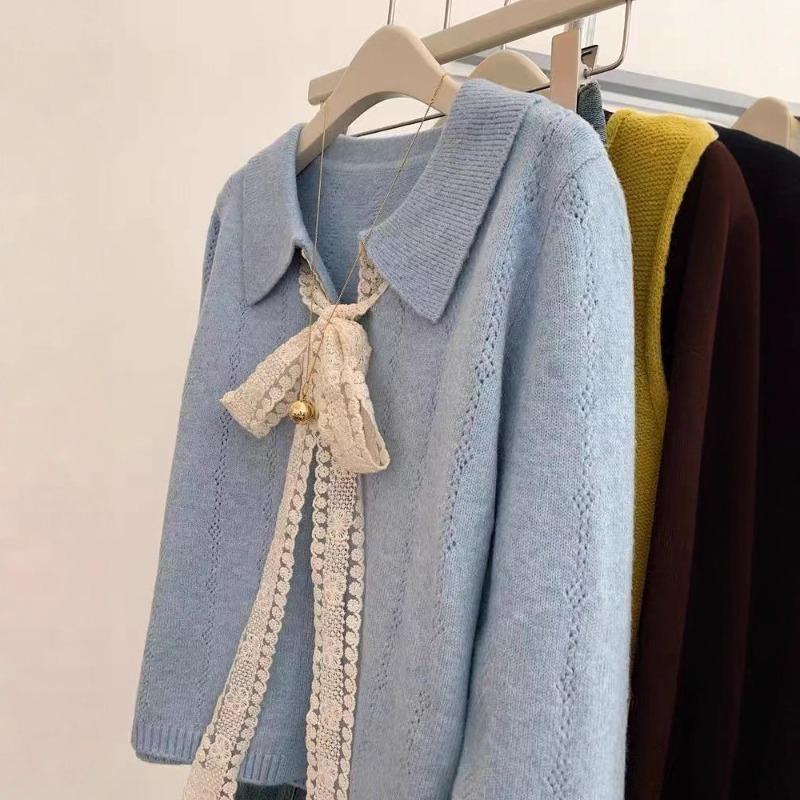 Blue Lace Lace-up Lapel Long-sleeved Knitted Sweater Cardigan Jacket Women's New Early Autumn Top