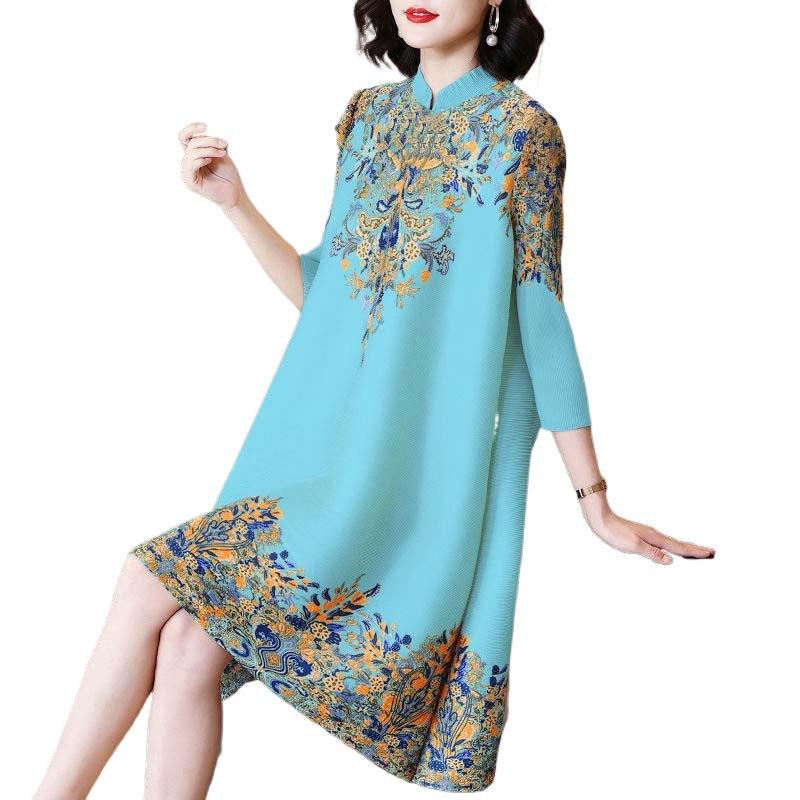 Loose Large Size Stand-up Collar Improved Cheongsam Spring Retro Elegant Mid-length Dress