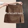 Women's Coffee Suede Bodycon Mini Skirt: New Autumn/Winter Style, Petite Fit, High-Waisted, Slimming A-Line with Slit.