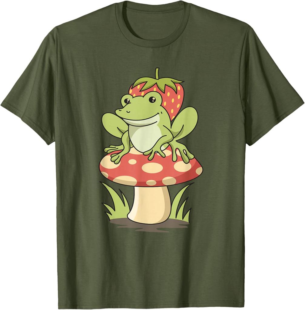 Cute Frog Strawberry Mushroom Graphic Tee Cottagecore Aesthetic Casual Round Neck T-Shirt