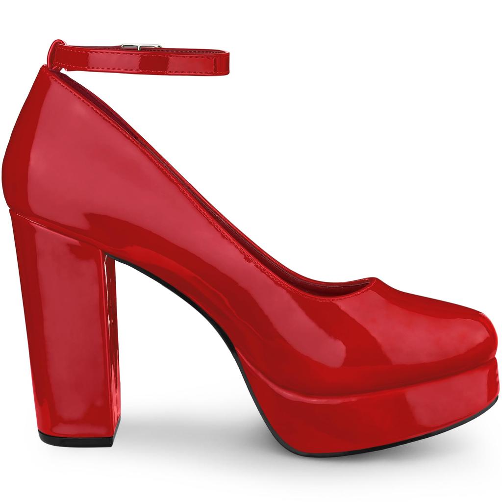 Allegra K Women's Platform Pumps with Ankle Straps, Chunky High Heels, Red, Size 26.0cm