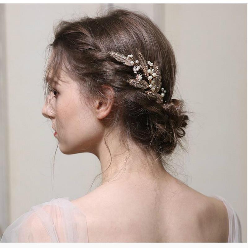 Pearl Leaf Elegant Fashion Bridal Hair Comb Wedding Party Golden Accessories Headdress Handmade Hair Comb