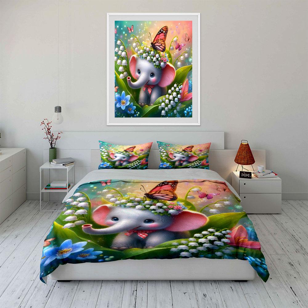 Cute Elephant and Butterfly Blossoms Bedding Duvet Cover Set  (1*Duvet Cover 2*Pillowcases, Without Duvet Insert)