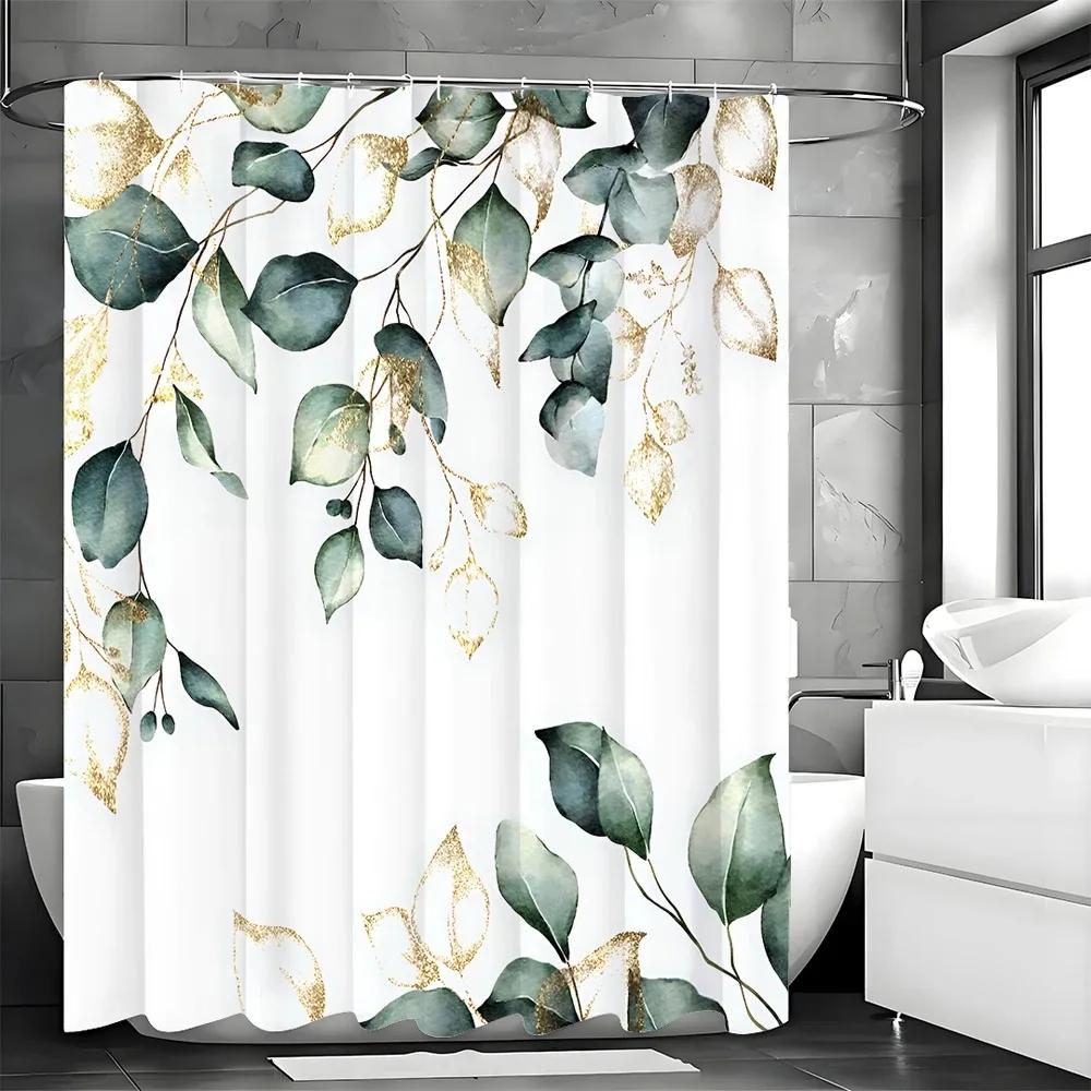 Green Eucalyptus Shower Curtain, Gold Leaf Watercolor Botanical Floral Shower Curtain Waterproof Fabric Bathroom Decor Easy Care