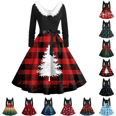 Women's Casual And Fashionable Long Sleeved V-neck Christmas Print Matching Zipper Dress