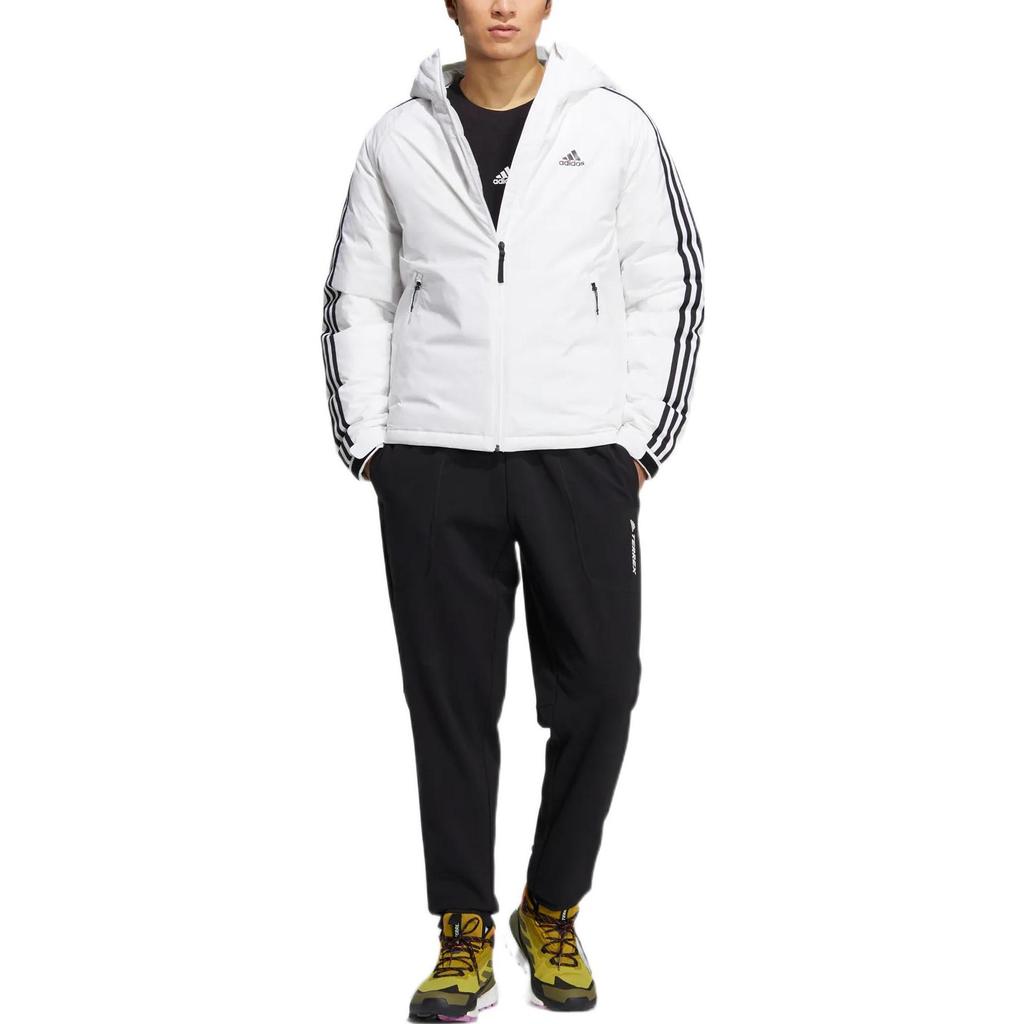 adidas Solid Color Logo Stripe Print Hooded Zip Down Jacket Men Outerwear White HN2122