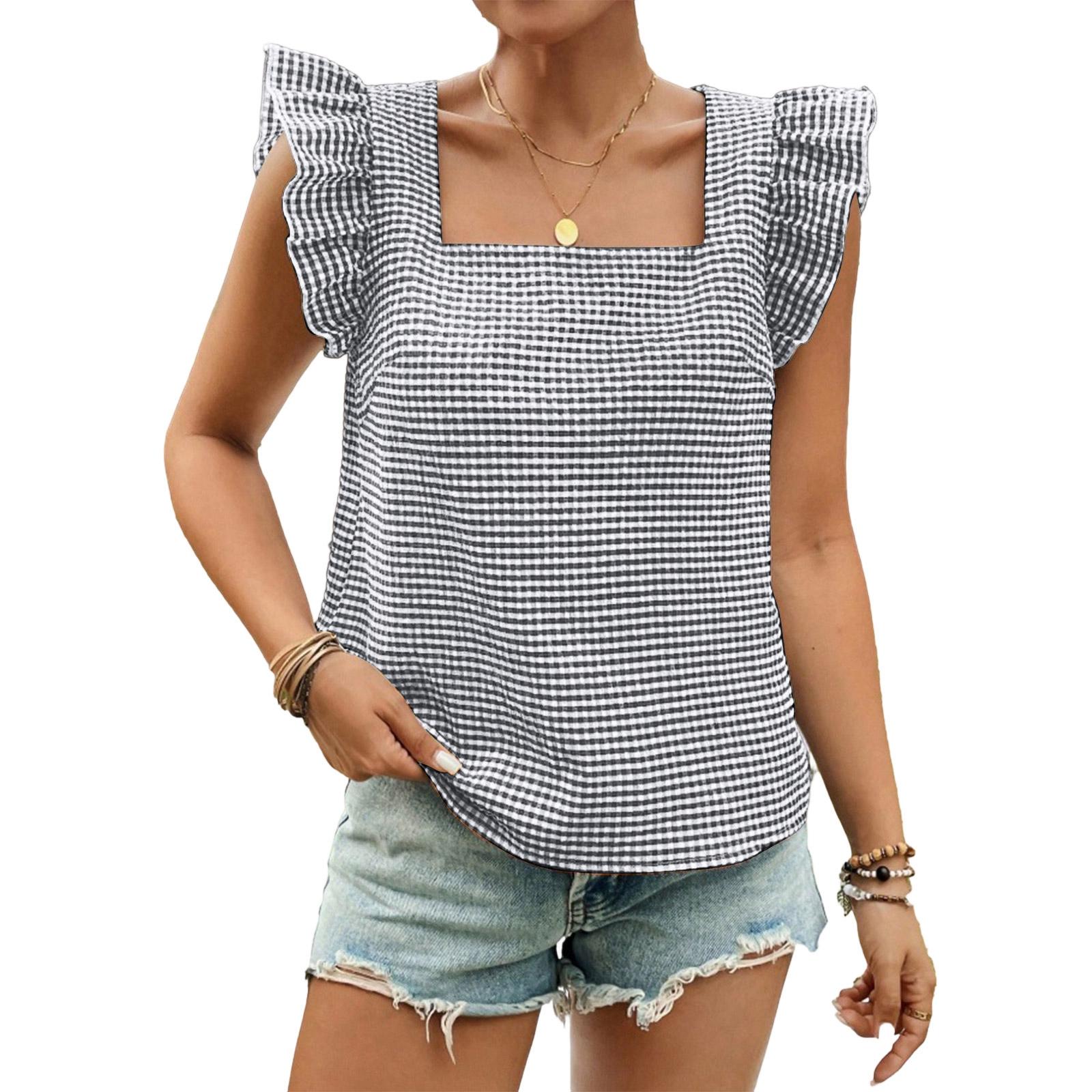 Women s Fashionable Casual Plaid Square Neck Ruffle Sleeveless Top S чёрный