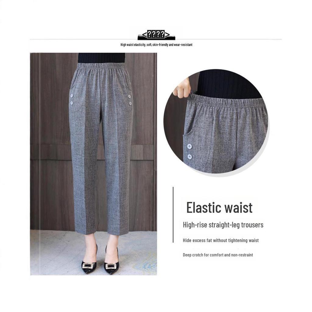Women's High-Waist Cotton-Linen Summer Pants: Stylish, Elastic, Straight Fit for Middle-Aged and Elderly